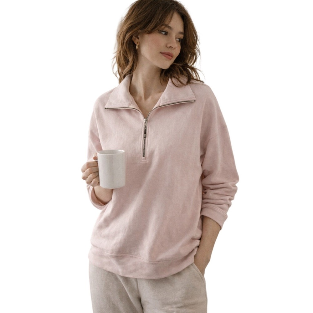 Habitat Pink Pullover Top Quarter Zip Sweatshirt Cotton Stretch Women M